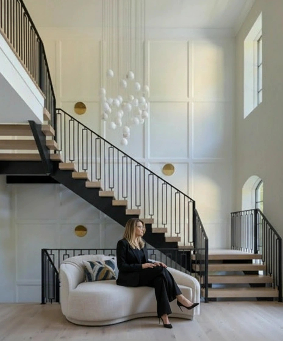 Laura Hartley, Realtor, seated in a modern two-story foyer