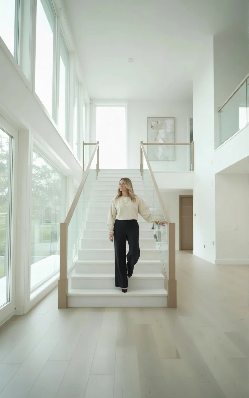 Laura Hartley, Realtor, walking down a bright staircase