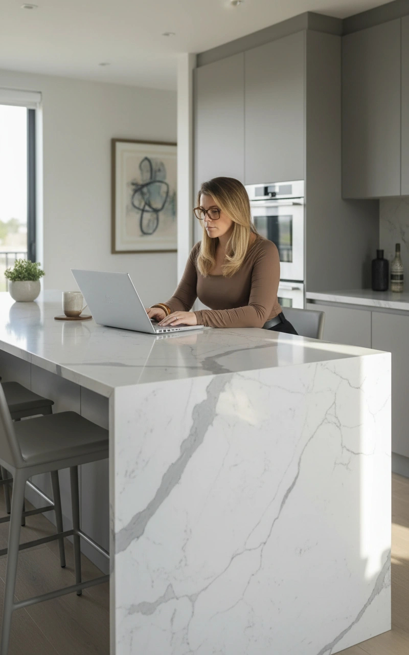 Laura Hartley, Realtor, in a bright modern kitchen