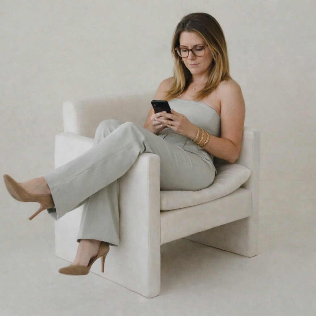Laura Hartley, Realtor, seated in an armchair checking her phone